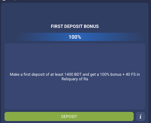 First deposit casino bonus card showing percentage and free spins